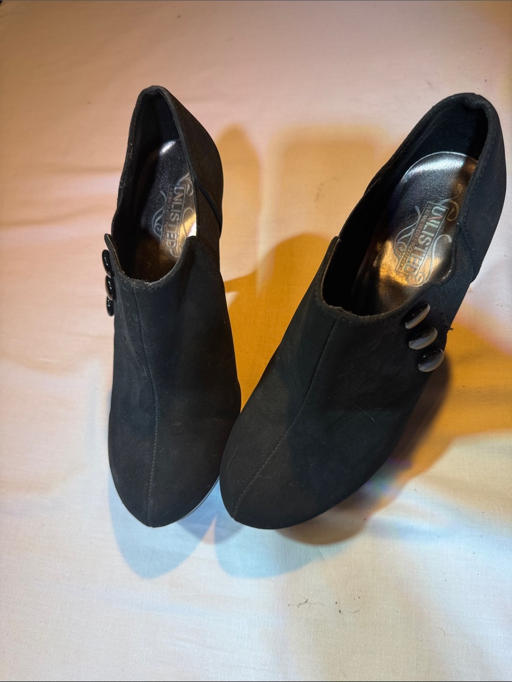 Unlisted Women’s Black Open Back Ankle Booties Stiletto Heel Button Detail 7M